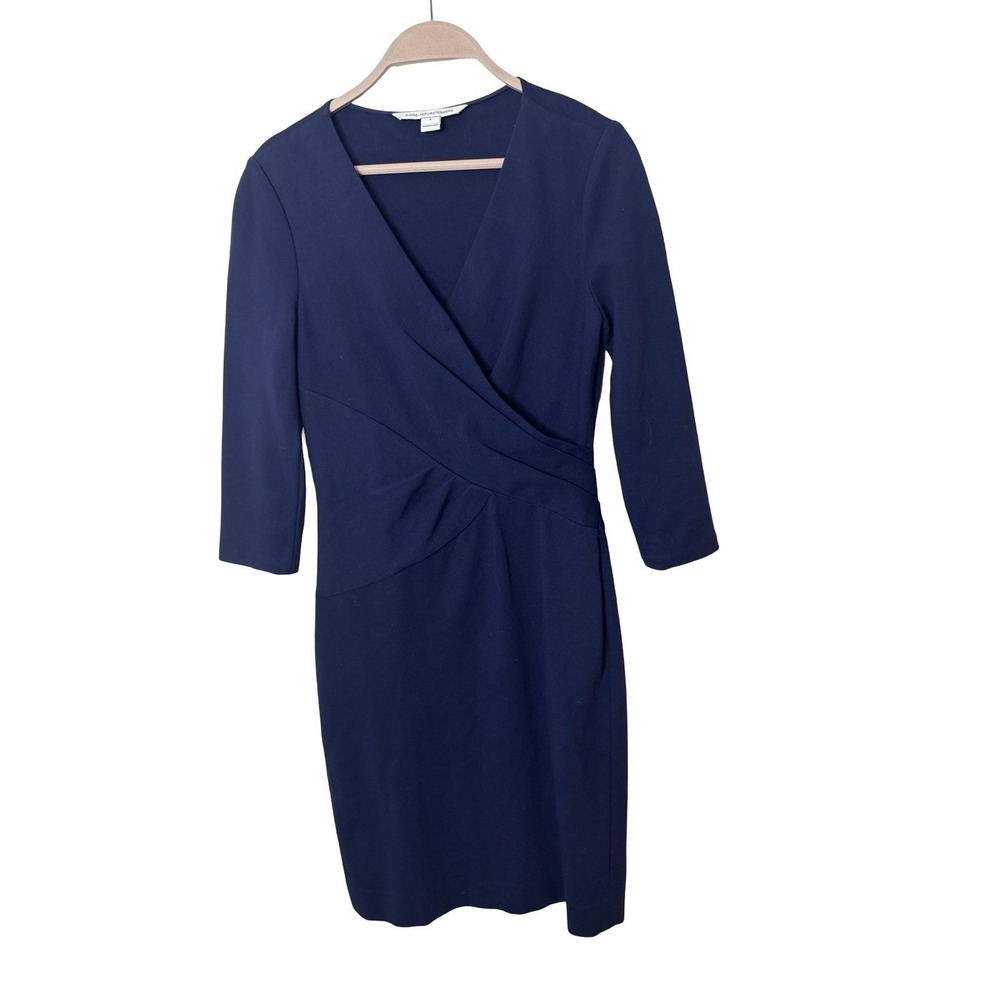 Diane Von Furstenberg Wrap-Effect blue 3/4 sheath Sleeve Midi Dress Sz 4